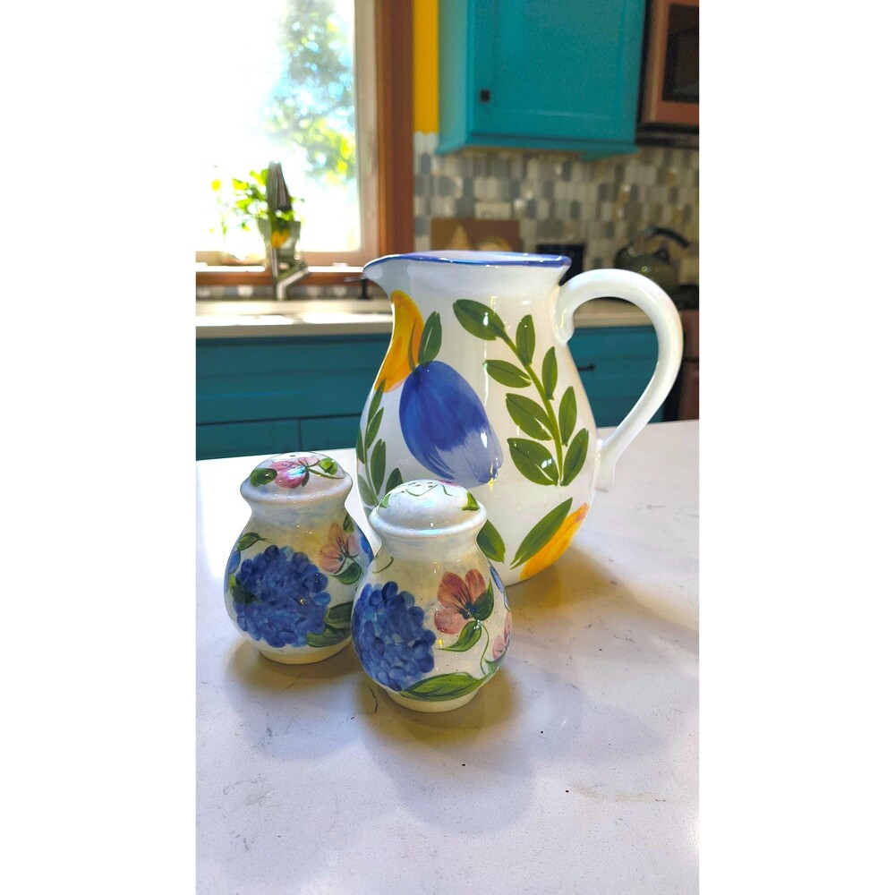 Vintage Cottagecore Ceramic Table Set - Hand-painted Pitcher & Shakers